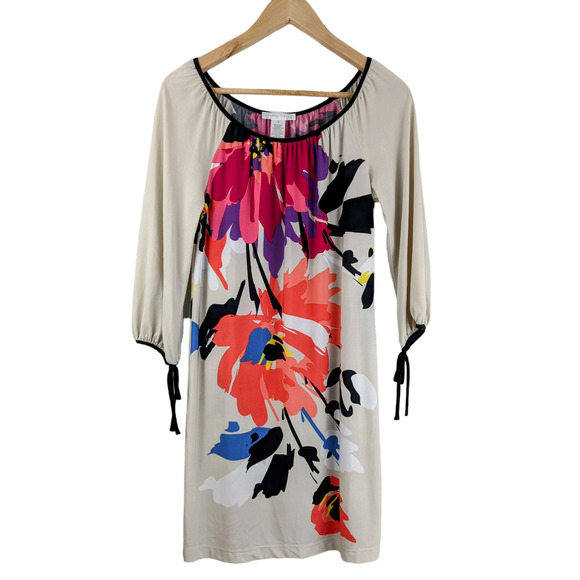 LONDON TIMES 3/4 Sleeve Floral & Tan Shift Dress Size 4 - Picture 1 of 9
